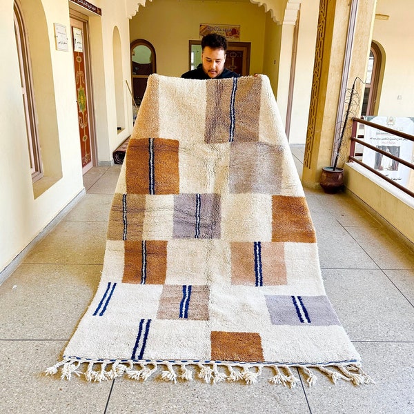 CHECKERED BENI OURAIN Rug, Tribal Area Rug, Woven Rug, Off White Rug, Custom Moroccan Rug, Living Room Decor, Wool Rug- Brown Checkered Rug