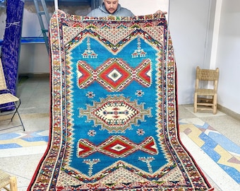 Soft BENI OURAIN CARPET, Moroccan Handmade Wool Rug, 5.1x8FT Blue and Red Boho Rug, Cozy Colorful Handwoven Rug, Abstract Berber Area Rug.