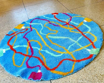 Round Moroccan Rug – Abstract Blue Beni Ourain Wool Carpet – Handmade Custom Area Rug for Bohemian Living Room or Bedroom