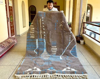 Abstract Rug, Gray and Blue Area Rug, Moroccan Handmade Rug for Living Room, Beni Ourain Wool Rug, Custom Rug for Minimalist Home Decor