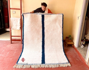 Bordered Moroccan Rug – White and Blue Striped Beni Ourain Rug – Abstract Handwoven Sheep Wool Rug – Berber Area Luxury Minimalist Carpet