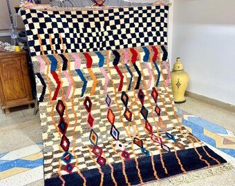 Stunning Moroccan Rug - 7.8x5.4 FT Handmade Beni Ourain Carpet | Colorful Checkerboard Genuine Wool Moroccan Rug