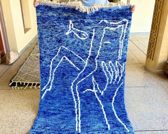 Abstract Moroccan rug - Beni ourain rug Wool - Custom size rug - Handmade rug - Berber area rug - Free shipping - Blue and White wool rug