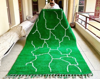 Cozy Moroccan Rug, Green and White Geometric Beni Ourain Rug, Custom Handmade Rug, Abstract Minimalist Rug, Sheep Wool Handwoven Area Carpet