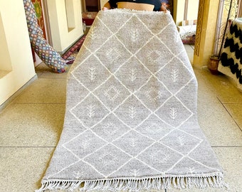 Beni Ourain Rug, Gray and White Geometric Moroccan Rug, Abstract Handwoven Wool Carpet, Custom Area Rug for Minimalist Home Style