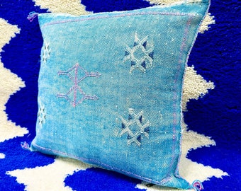 Cactus Silk Pillow, Moroccan Cactus Silk Cushion, 18x18 Moroccan Pillow, Embroidered Pillow, Navy Blue Bed Cushion, Tropical Cushion Blue