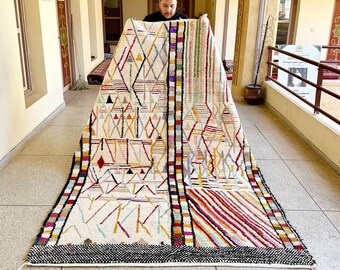 Moroccan Rug – Off White & Multicolor Striped Beni Ourain Rug – Custom Handmade Bohemian Wool Carpet for Living Room and Bedroom