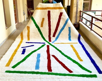 AMAZING ABSTRACT RUG, Soft Beni Ourain Rug, Bohemian Moroccan Wool Rug, White & Multicolor Rug, Custom Area Rug, Handmade Berber Carpet