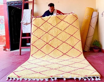 Cute Moroccan Rug, Yellow and Pink Geometric Beni Ourain Rug, Custom Handwoven Wool Rug, Area Diamond Pattern Rug for Minimalist Home Decor