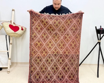 GEOMETRIC Handmade Beni ouraine rug, Red Wool rug, Moroccan Style rug, Boujaad Carpet 5.5x3.5ft, Vintage Moroccan rug, Boho antique rug