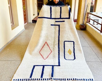 Minimalist Moroccan Rug, Abstract White and Blue Striped Beni Ourain Carpet, Custom Area Wool Rug for Bedroom, Living Room, Kids Room