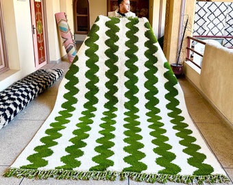 MOROCCAN STRIPED RUG, Beni Ourain Rug, High-Quality Moroccan Wool Rug, White & Green Rug, Custom Size Area Rug, Handmade Berber Carpet