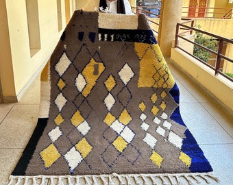 Moroccan Gray and Yellow Rug – Abstract Beni Ourain Wool Carpet – Custom Handmade Soft Wool Area Rug for Boho Living Room or Bedroom Decor