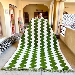 Beni Ourain Rug, Green and White Striped Moroccan Rug, Custom Handmade Sheep Wool Rug, Area Living Room Rug For Scandinavian Home Decor