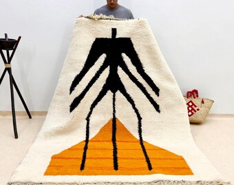 MOROCCAN WOOL RUG – Custom Beni Ourain Black & Orange Abstract Carpet – Handwoven Boho Berber Wool Area Rug