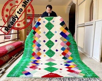 STUNNING BENIOURAIN RUG, 8x5 Handmade Wool Rug, Moroccan Rug, Abstract Green And white Rug, Sheep Wool Rug, Handwoven Rug,Azilal Berber Rug