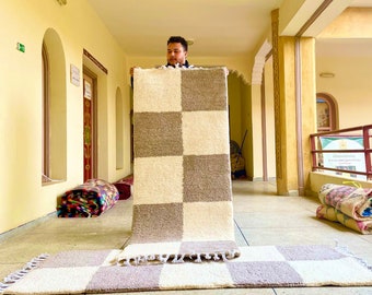 CUSTOM RUNNER RUG, Tribal Area Rug, Woven Checkered Rug, Authentic Wool Runner, White & Gray Rug, Runner Rug, Hallway Rug, Berber Rug