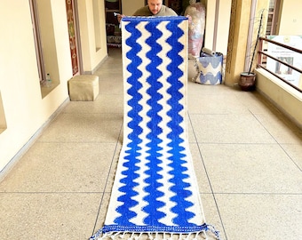 MOROCCAN KILIM RUNNER, Beni Ourain White and Blue Striped Runner, Custom Berber hallway, Authentic Handmade Entryways Wool Runner Rug,