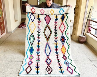 Moroccan Rug, White and Multicolor Geometric Beni Ourain Rug, Abstract Handwoven Wool Carpet, Custom Boho Area Rug for Vibrant Home Decor