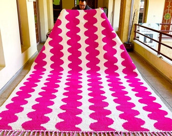 Moroccan Area Rug -Beni Ourain Pink and White Striped Handwoven Wool Carpet - Custom Area Rug -Contemporary Living Room or Bedroom Rug