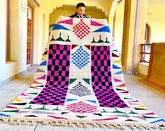 MULTICOLOR RUG, Checkered Beni Ourain Rug, Custom Moroccan Rug, Shaggy Berber Carpet, Handmade Wool Rug, Bright Area Rug, Beni Rugs.