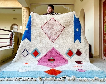 Magnificent Moroccan Rug, Blue and White Beni Ourain Wool Rug, Abstract Bohemian Area Rug, Handmade Living Room Carpet, Modern Home Decor