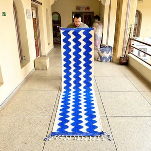 MOROCCAN KILIM RUNNER, Beni Ourain White and Blue Striped Runner, Custom Berber hallway, Authentic Handmade Entryways Wool Runner Rug,