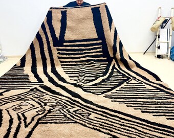 Handmade Striped Moroccan Rug – Custom Beni Ourain, Brown & Black Wool Berber Carpet, Authentic Atlas Design, Authentic Area Rug