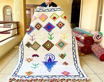 Chic Berber Rug – White and Blue Azilal Rug – Custom Sheep Wool Boujaad Rug – Beni Ourain Area Carpet – Tribal Handmade Bohemian Rug