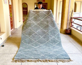Beni Ourain Rug, Gray and White Geometric Moroccan Rug, Custom Handmade Wool Carpet for Minimalist Home Decor