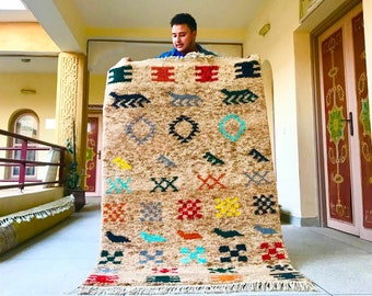 Moroccan Rug – Brown and Multicolor Abstract Beni Ourain Carpet – Handmade Wool Area Rug for Bohemian & Eclectic Home Decor