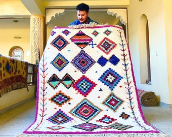 Geometric Moroccan Rug, White and Purple Beni Ourain Rug, Custom Abstract Handmade Wool Rug, Area Living Room Rug for Modern Home Decor