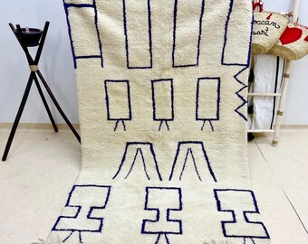 MODERN BERBER CARPET, 7.3x4.5ft Handmade Moroccan Rug, Abstract Beni Ourain Design, White & Purple Shag Rug, Wool Floor Covering.