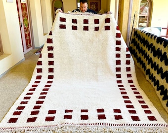10x7FTCHECKERED BENIOURAIN RUG, Moroccan Handmade Carpet, Tribal Rug, Berber Rug, Sheep Wool Rug, Checkerboard Rug, White And Red Berber Rug