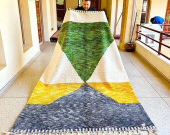Moroccan Rug, Green and White Abstract Beni Ourain Rug, Custom Handmade Wool Carpet for Modern Bohemian Home Decor