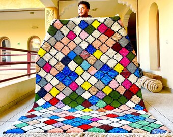 Handmade Moroccan Azilal Rug, Colorful Geometric Beni ourain Rug - CustomTribal Shag Rug - Boho Decor Wool Carpet for Living Room