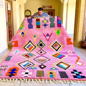Moroccan Area Rug - Pink Beni Ourain Handmade Wool Rug - Geometric Handwoven Carpet - Abstract Rug For Boho Living Room, Bedroom, Nursery