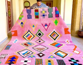 MOROCCAN HANDMADE RUG, Beni ourain Pink Shag Rug, Abstract Carpet, Custom Wool Rug, Authentic Berber Area Rug, Luxury Beni Rugs.