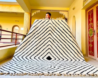 Soft Wool Moroccan Rug, Striped Black and White Area Rug, Handmade Scandinavian Berber Rug, Authentic Cozy Chic Carpet
