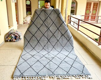 Moroccan Gray and Black Rug – Geometric Beni Ourain Wool Carpet – Custom Handmade Wool Area Rug for Minimalist Living Room or Bedroom