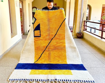 YELLOW & BLUE CARPET, Abstract Moroccan Rug, Handmade High-Quality Wool Rug, Custom Beni Ourain Rug, Resilient Berber Area Decor.
