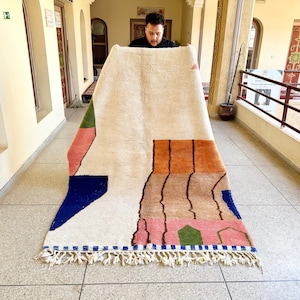 Authentic Moroccan Rug, White and Brown Abstract Beni Ourain Rug, Handmade Sheep Wool Rug, Custom Area Rug for boho Living Room or Bedroom