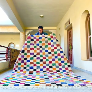 Checkered Moroccan Rug – Multicolor Beni Ourain Rug – Custom Colorful Handmade Wool Carpet – Bohemian Area Rug for Vibrant Living Room Decor
