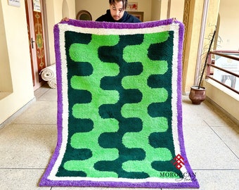 GORGEOUS BENIOURAIN RUG, Moroccan Handmade Carpet, Tribal Green Rug, Berber Wool Rug, Striped Rug, Area Wool Rug, Funky Wool Rug