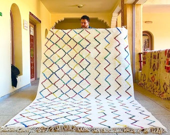 Beni Ourain Rug – Geometric White and Multicolor Moroccan Carpet – Custom Handmade Sheep Wool Rug for Scandinavian Living Room