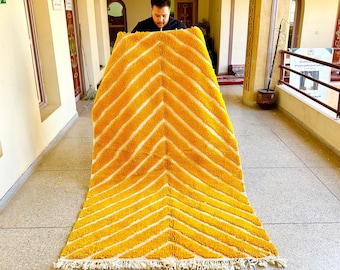 SHAG CARPET, Yellow Area Rug, Custom Moroccan Rug, Beni Ourain Wool Rug, Striped Pattern Berber Rug, Handmade Modern Floor Accent