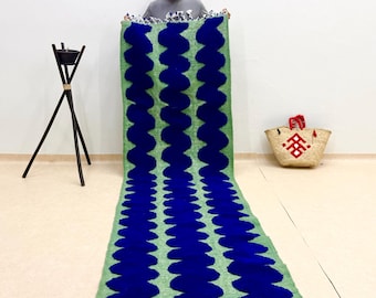 MOROCCAN RUNNER – Blue and Green Abstract Beni Ourain Wool Carpet – Custom Handwoven Soft Wool Hallway Runner for Boho & Eclectic Home