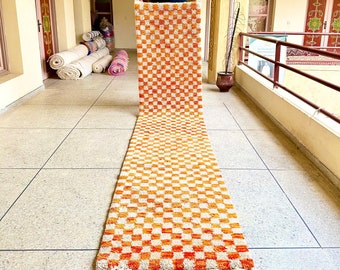 BEAUTIFUL MORROCAN RUNNER, checkered Runner Rug, Orange Runner, Handmade Rug, Berber Rug, checkerboard Runner Rug, Wool Runner