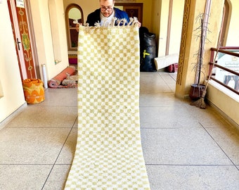 CHECKERED RUNNER, Yellow and White Beni Ourain Carpet, Custom Moroccan Runner, Hallway Area Rug, Authentic Berber Runner Rug For Entryway.