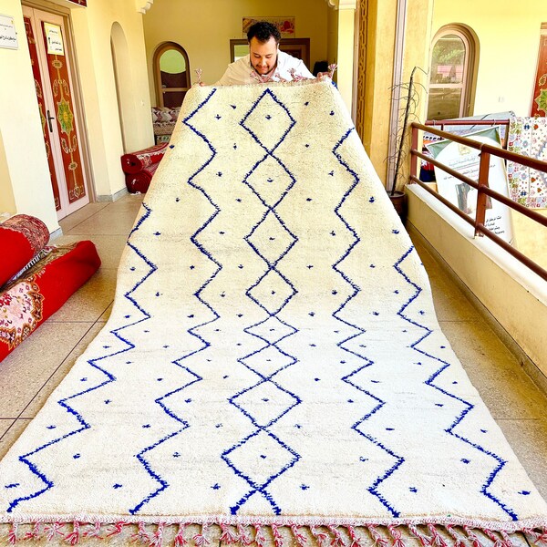 Moroccan Rug, Blue and White Geometric Custom Beni Ourain Rug, Minimalist Handmade Berber Wool Carpet, Soft Sheep Wool Living Room Area Rug